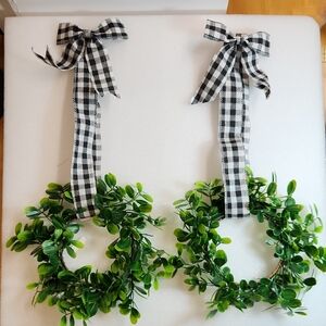Set of Two Greenery Wreaths with Black and White Ribbon
